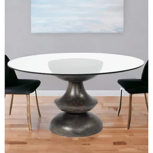 HomeRoots Brown Glass 60 in. Pedestal Dining Table Seats 4