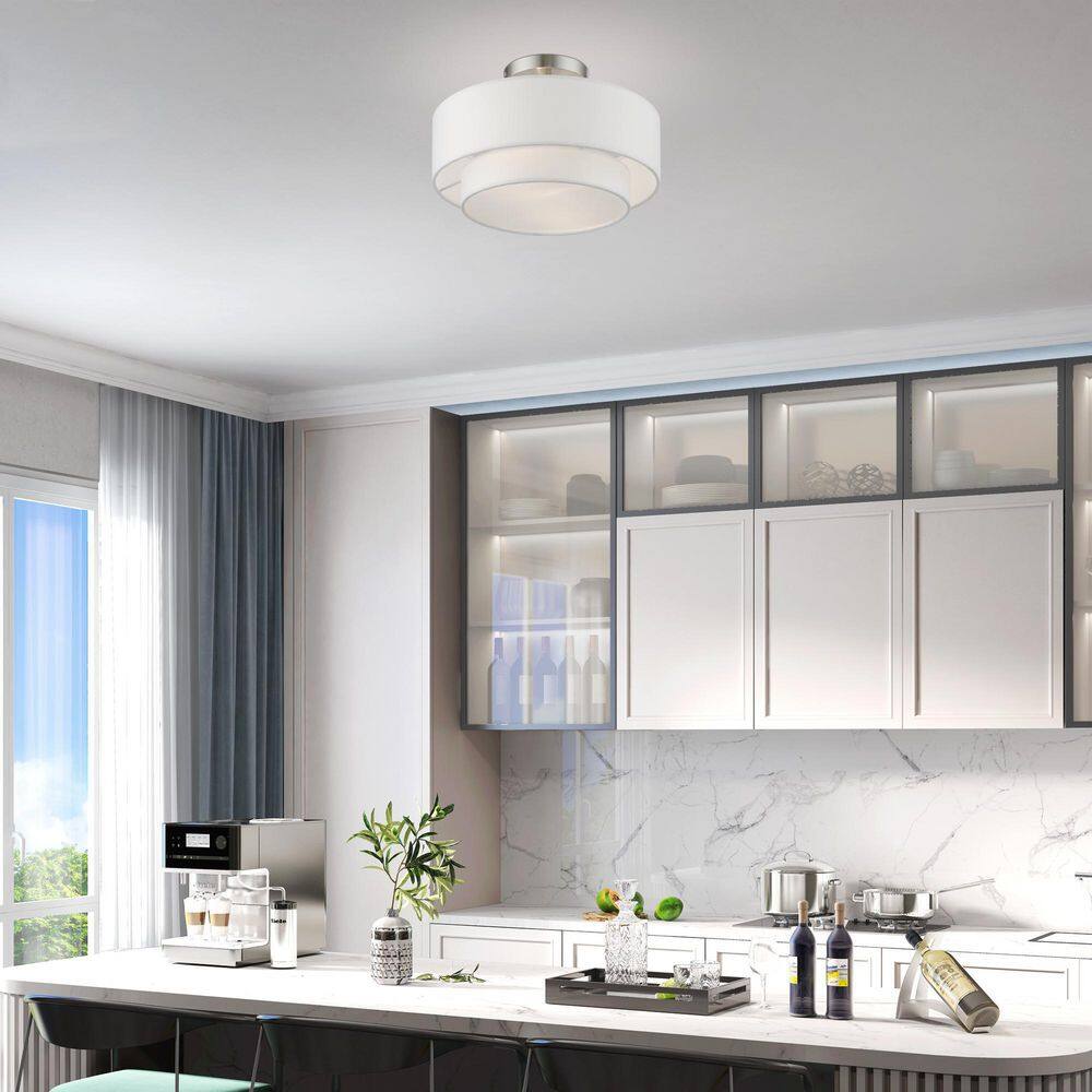Sleek Brushed Nickel 2-Light Semi-Flush Mount with Off-White Drum Shade