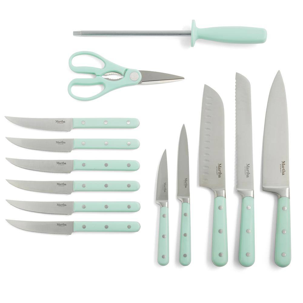 Martha Blue 14-Piece Stainless Steel Knife Block Set with Acacia Wood Block
