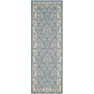Courtyard Blue/Natural 2 ft. x 14 ft. Floral Indoor/Outdoor Patio  Runner Rug