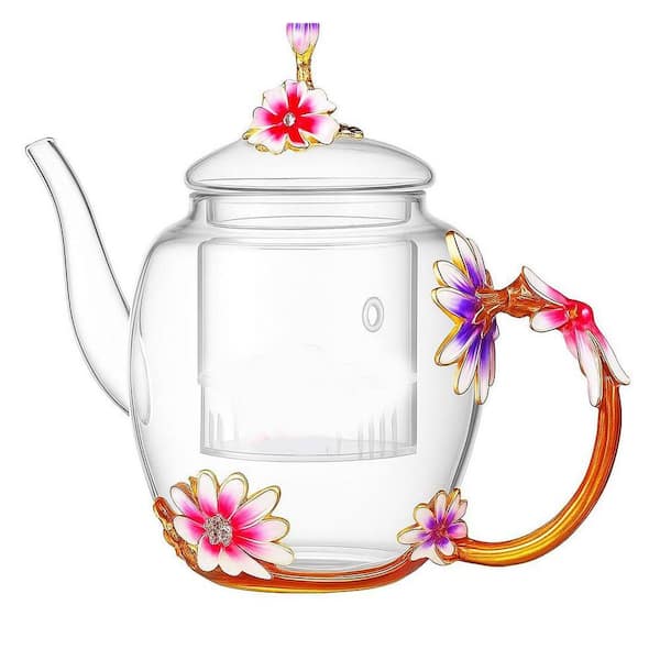 1-Cup Clear Flower 3D Enamel Glass Teapot with Removable Tea Infuser for Women Gifts Christmas Birthday