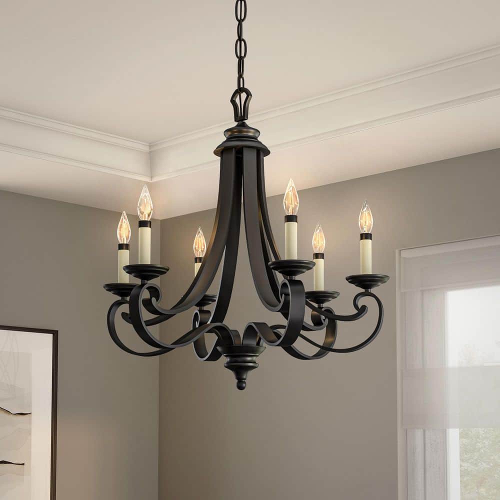 Black Iron 6-Light Candelabra Chandelier with Adjustable Chain