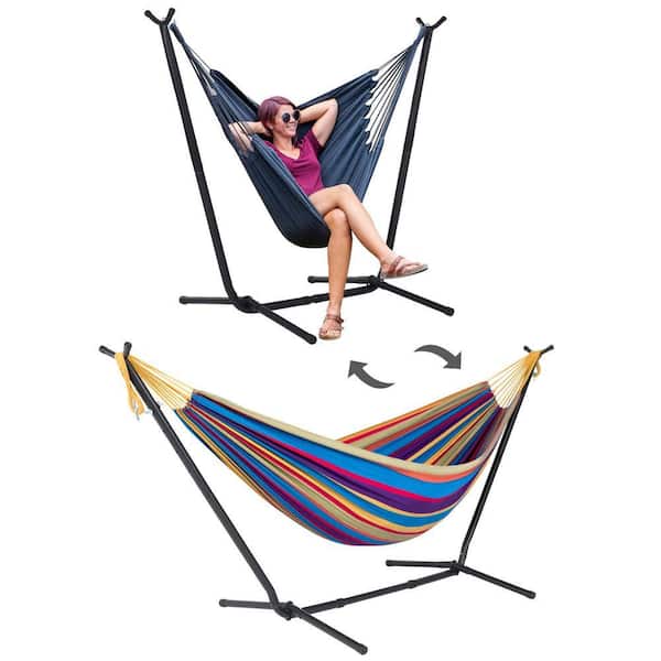 10.7 ft. 2-Person Brazilian-Style hammock with 2-in-1 Convertible Stand in Purple Stripe