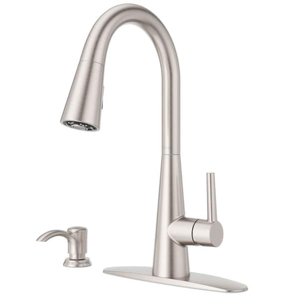 Pfister Barulli Single Handle PullDown Sprayer Kitchen Faucet w Deckplate Included, Soap Dispenser in Stainless Steel