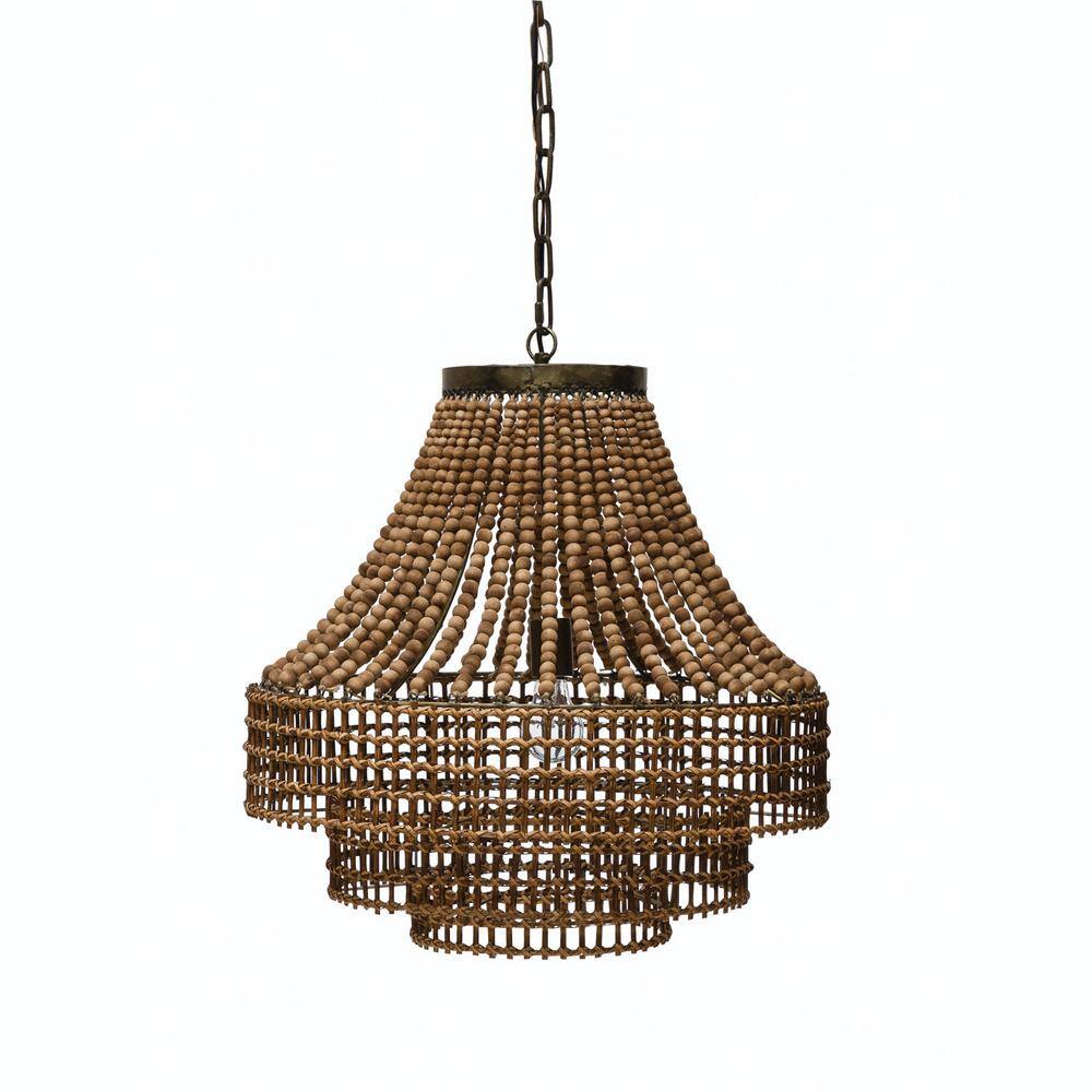 Storied Home Metal Rattan and Wood Bead Chandelier Brown: ETL Listed, Iron Canopy, Adjustable Height