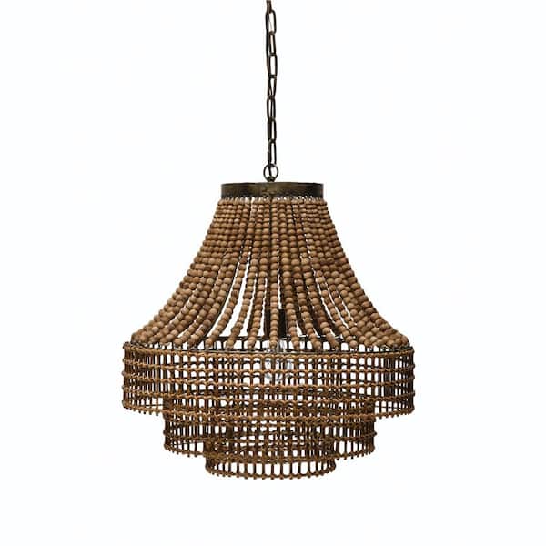 Storied Home 1-Light Brown Rattan & Wood Beaded Round Chandelier