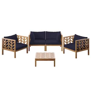 5-Piece Acacia Outdoor Conversation Set with Navy Blue Cushions