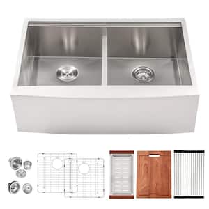 16-Gauge Stainless Steel 33 in. Double Bowl 50/50 Farmhouse Aproned Workstation Kitchen Sink