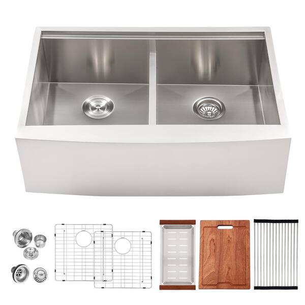 Logmey 16-Gauge Stainless Steel 33 in. Double Bowl 50/50 Farmhouse Aproned Workstation Kitchen Sink