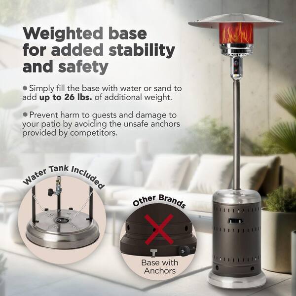 Fire Sense Stainless Steel Commercial Patio Heater with Wheels | Uses 20 Pound Propane Tank | 46,000 BTU Output | Electronic Ignition System | Weighted Base | Portable Outdoor Heat Lamp Fire Sense Stainless Steel Commercial Patio Heater with Wheels | Uses 20 Pound Propane Tank | 46,000 BTU Output | Electronic Ignition System | Weighted Base | Portable Outdoor Heat Lamp