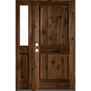 56 in. x 80 in. Rustic Knotty Alder Right-Hand/Inswing Clear Glass Provincial Stain Wood Prehung Front Door w/Sidelite