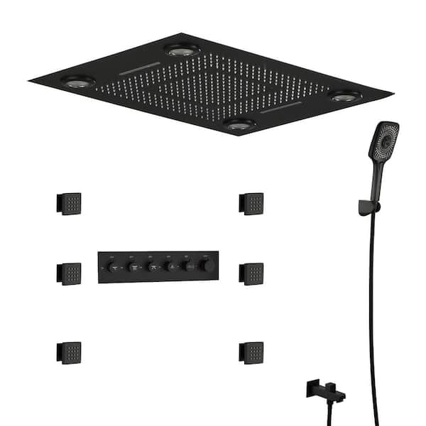 Boyel Living 3-Spray Thermostatic Dual Shower Head Ceiling Mount Fixed and Handheld Shower Head 2.5GPM with Body Spray in Matte Black