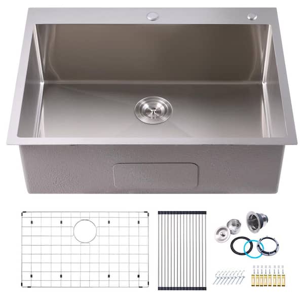 30 in. Drop-In/Undermount Single Bowl 16 Gauge Brushed 304 Stainless Steel Kitchen Sink with Accessories