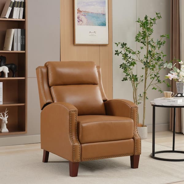 Jearey Classic Vintage Cigar Camel Hand Push Leather Recliner with Nailhead Trim