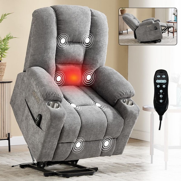 Light Grey Overstuffed Large Chenille Power Lift Recliner Chair with Massage and Heat, USB & Type C Ports, Cup Holders