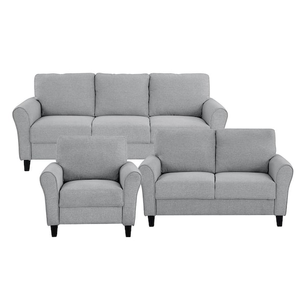 Lazzara Aleron 80.5 in. W Round Arm Textured Fabric Rectangle 3-Piece Living Room Sofa Set in. Dark Gray
