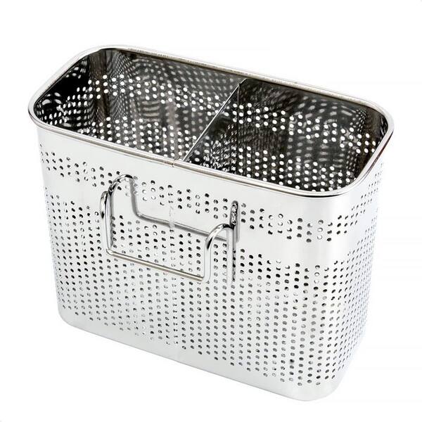 Silver Stainless Steel Kitchen Utensils Holder Basket with Hooks and 2 Compartments for Drying and Organizing