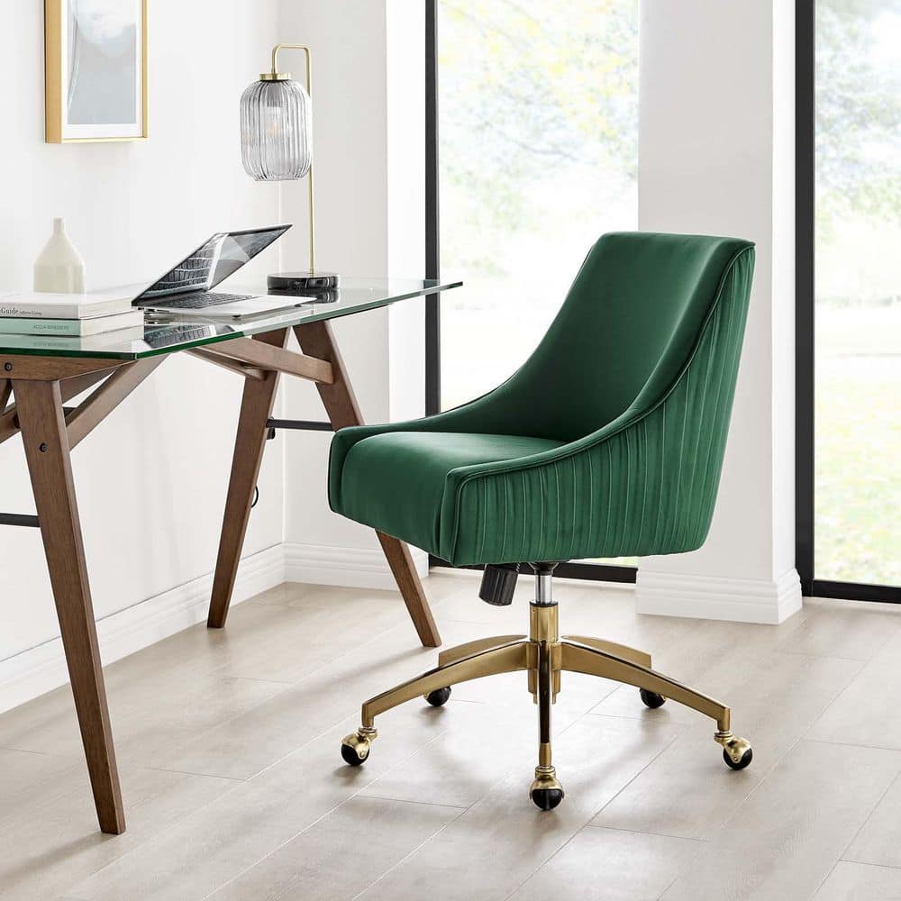 Cascade Green Velvet Swivel Office Chair with Gold Metal Base