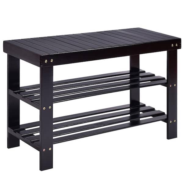 18 in. H x 28 in. W 8-Pair Black Bamboo Shoe Storage Bench Rack Organizer