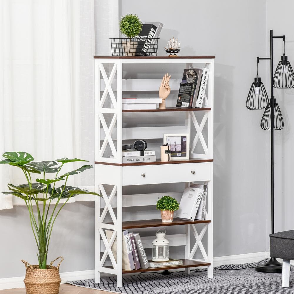 White and Dark Wood 4-Tier Etagere with Drawer