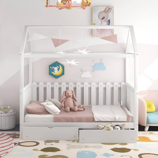 Anbazar White Twin House Bed For Kids, Mermaid Bed Frame Twin With Storage