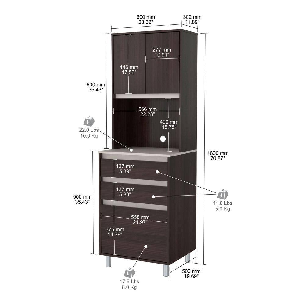 Espresso and Amber Grey 2-Door 3-Drawer Kitchen Pantry