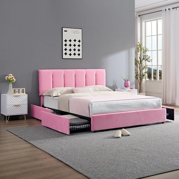 VECELO Upholstered Bed Frame Pink Full Metal Frame With 4