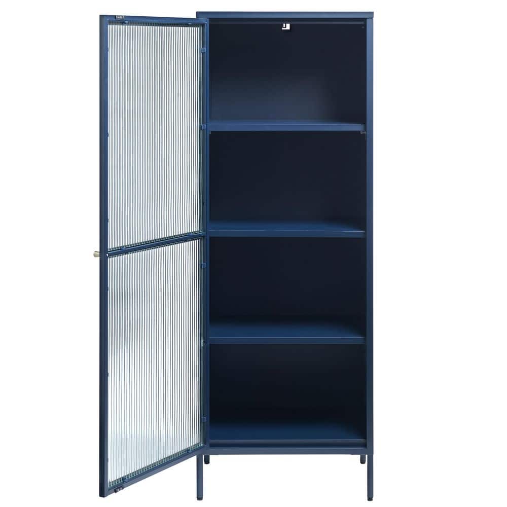 Blue Metal and Glass 63" Display Cabinet with Golden Handle