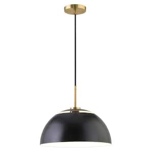 Jordyn 16 in. 1-Light Modern Matte Black and Brushed Brass Pendant with Metal Shade