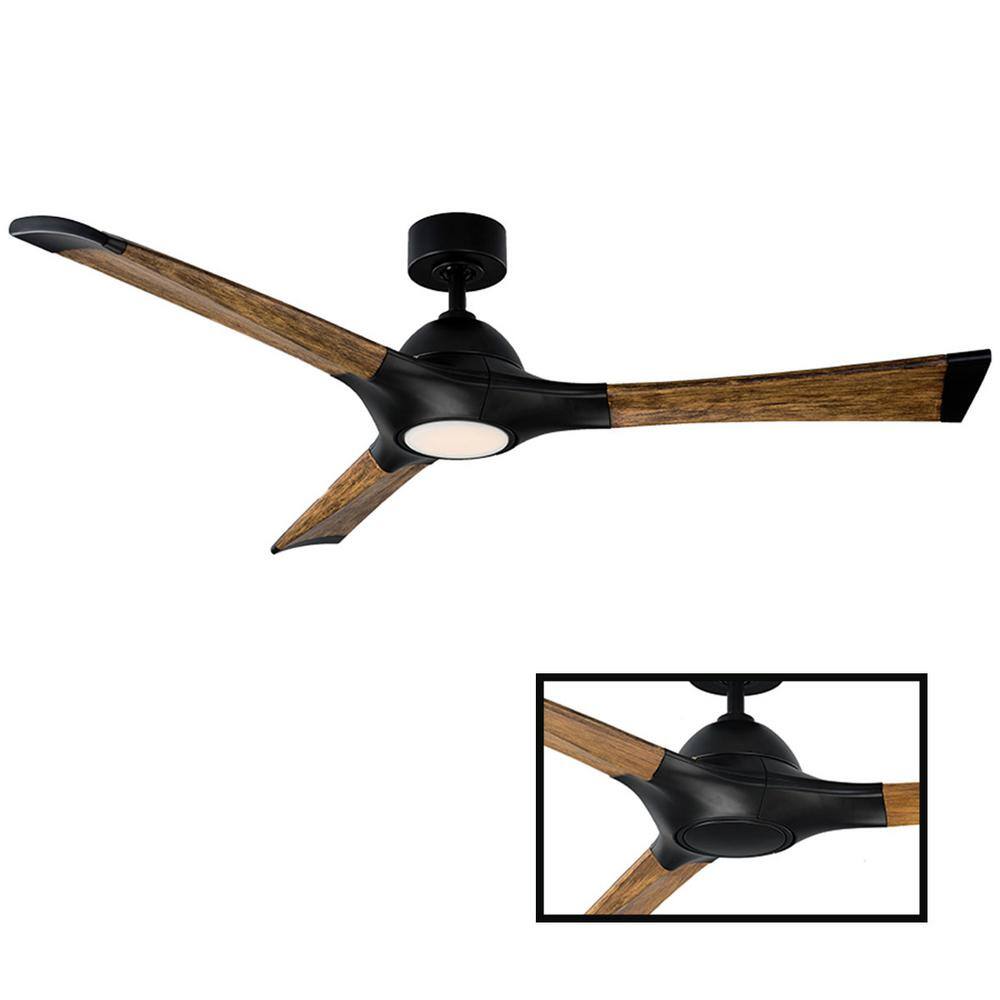 Woody 60" Matte Black and Distressed Koa Smart Ceiling Fan with LED Light