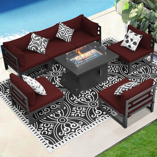 Unbranded Luxury Gray 7-Piece Aluminum Patio Conversation Deep Seating Set with 55,000 BTU Fire Pit Table and Red Cushions