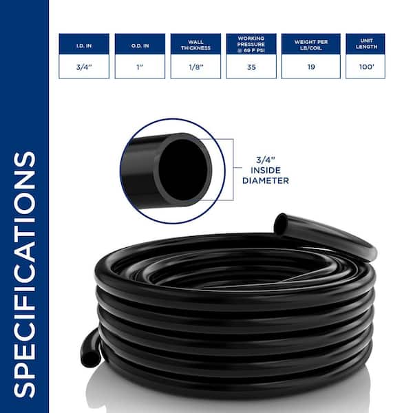 3/4 in. I.D. x 1 in. O.D. x 100 ft. Black Flexible Vinyl Tubing for Koi Ponds, AC, Pump Discharge and More