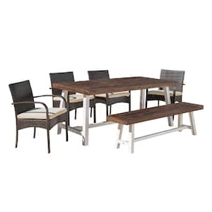 Luster Brown Iron 6-Piece Faux Rattan Outdoor Dining Set with Creme Cushions