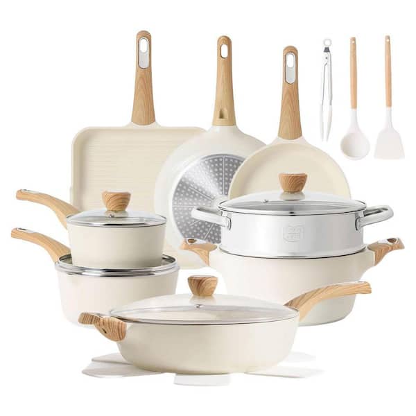 20-Piece Ceramic Nonstick Cookware Set White Aluminum Healthy Non-Toxic Induction Compatible Kitchen Cooking Set