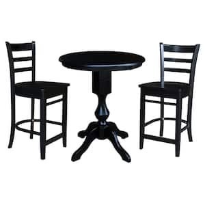 3-Piece 30 in. Black Solid Wood Round Table with 2-Side Stools