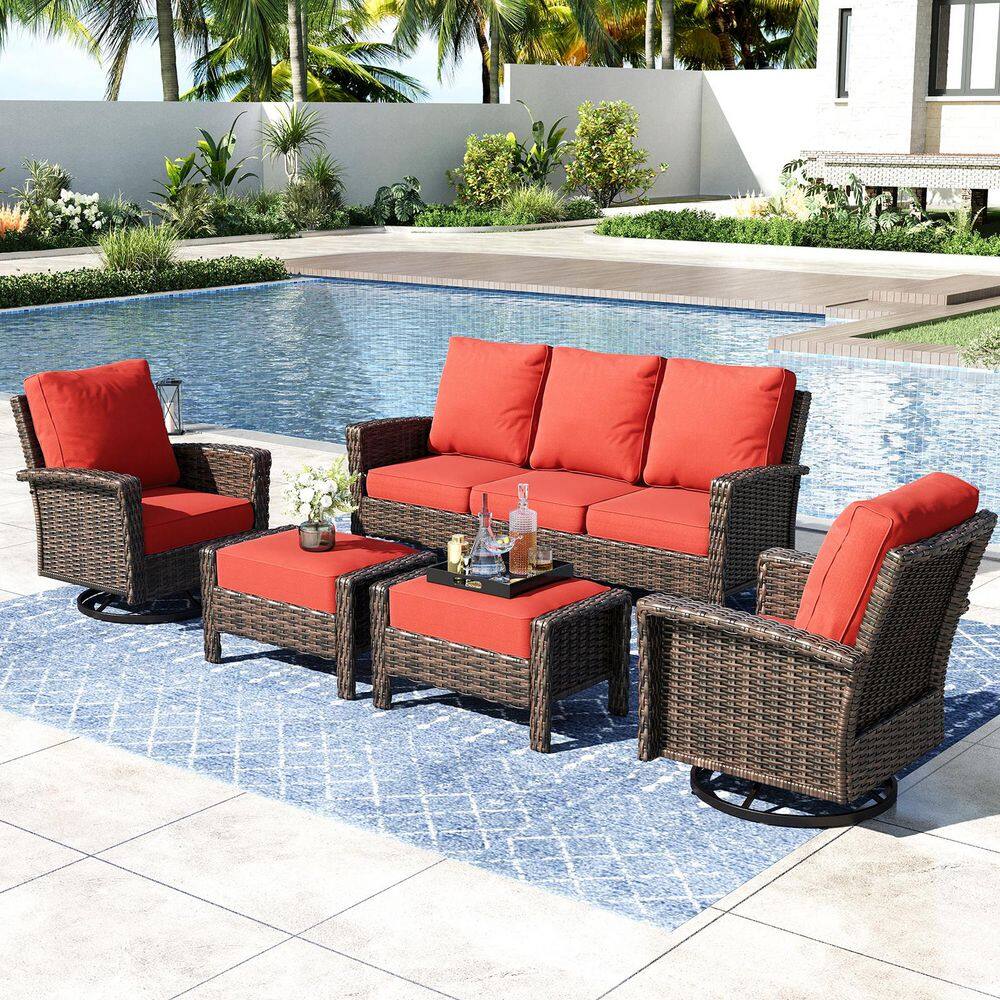 Black 5-Pieces Metal Patio Conversation Sectional Seating Set with Swivel Sofa Chairs, Ottoman and Red Cushions price history on PriceWatchPro