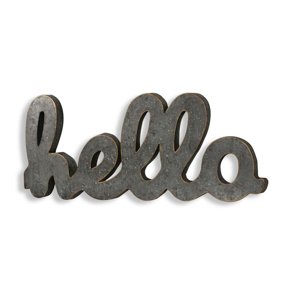 28 in. x 11.75 in. Gray Handcrafted Metal Hello Wall Art