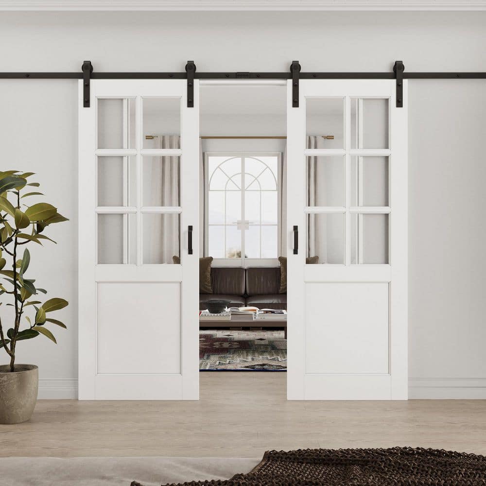 60 in. x 80 in. 6 Lite Tempered Clear Glass White Primed MDF Sliding Barn Door with Hardware Kit price history on PriceWatchPro