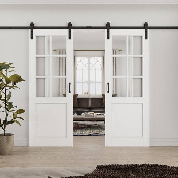 60 in. x 80 in. 6-Lite Tempered Clear Glass White Primed MDF Assembly Required Sliding Barn Door with Hardware Kit