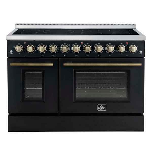 Paolo 48 Inch Freestanding Electric Range in Black with Antique Brass, 6.7 cu. ft., True Convection Oven