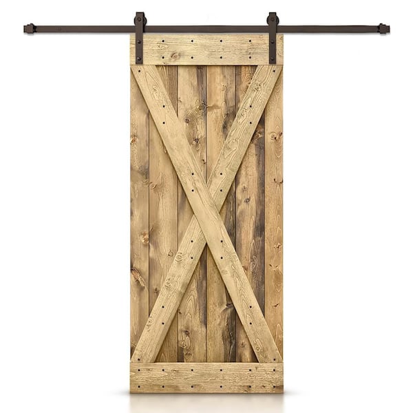 CALHOME Distressed X Series 26 in. x 84 in. Weather Oak Stained DIY Wood Interior Sliding Barn Door with Hardware Kit