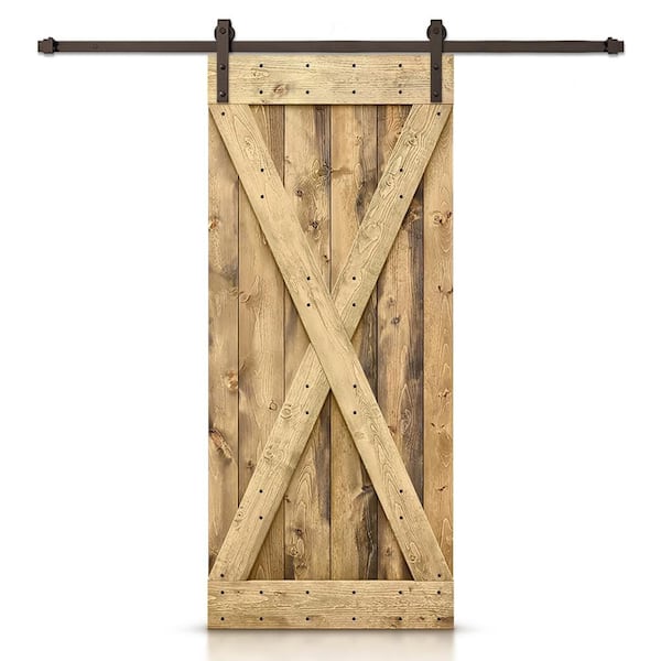 CALHOME Distressed X Series 32 in. x 84 in. Weather Oak Stained DIY Wood Interior Sliding Barn Door with Hardware Kit
