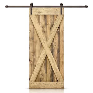 42 in. x 84 in. Distressed X Series Weather Oak Solid DIY Knotty Pine Wood Interior Sliding Barn Door with Hardware Kit