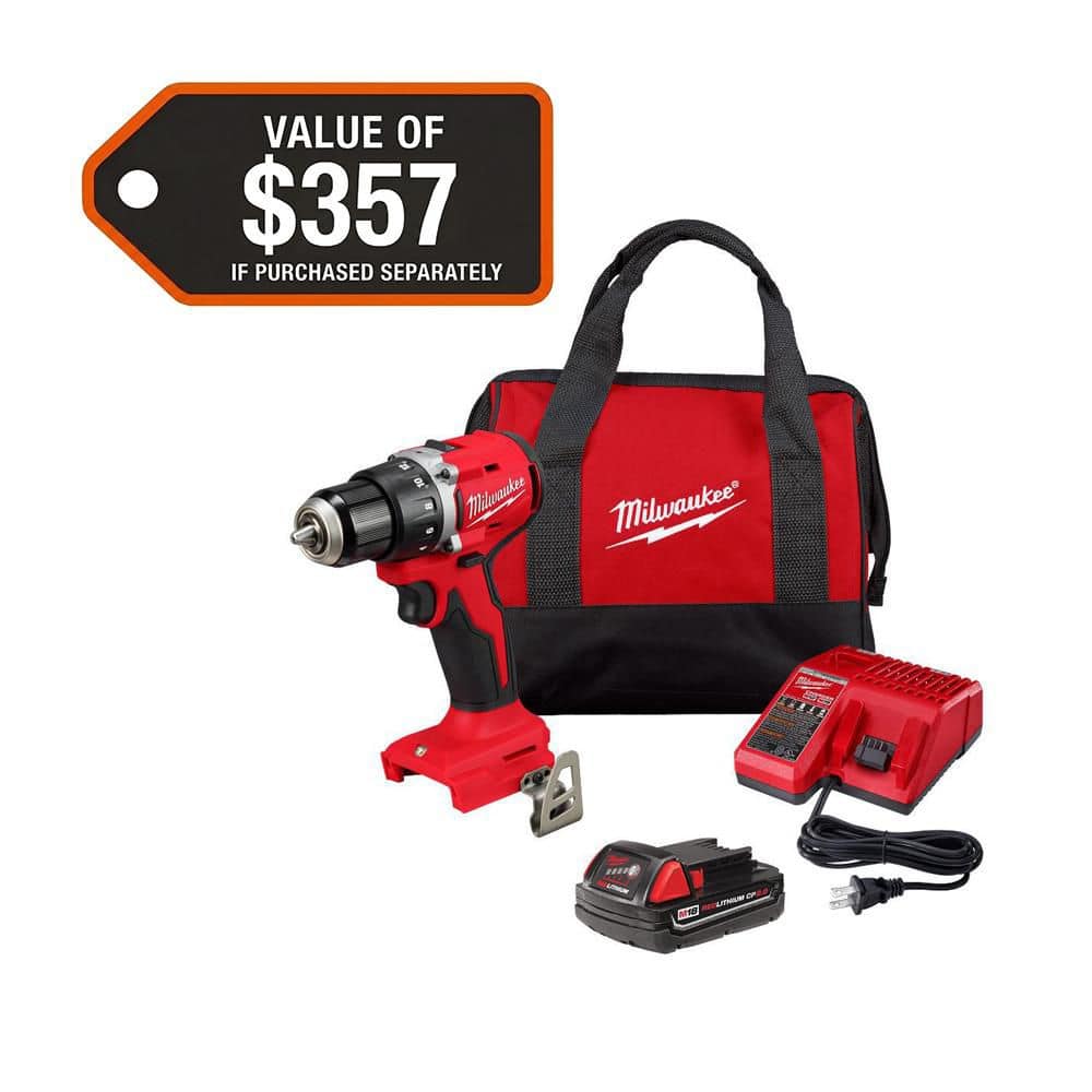 Milwaukee M18 18V Lithium-Ion Brushless Cordless 1/2 in. Compact Drill/Driver with One 2.0 Ah Battery, Charger and Tool Bag 3601-21P