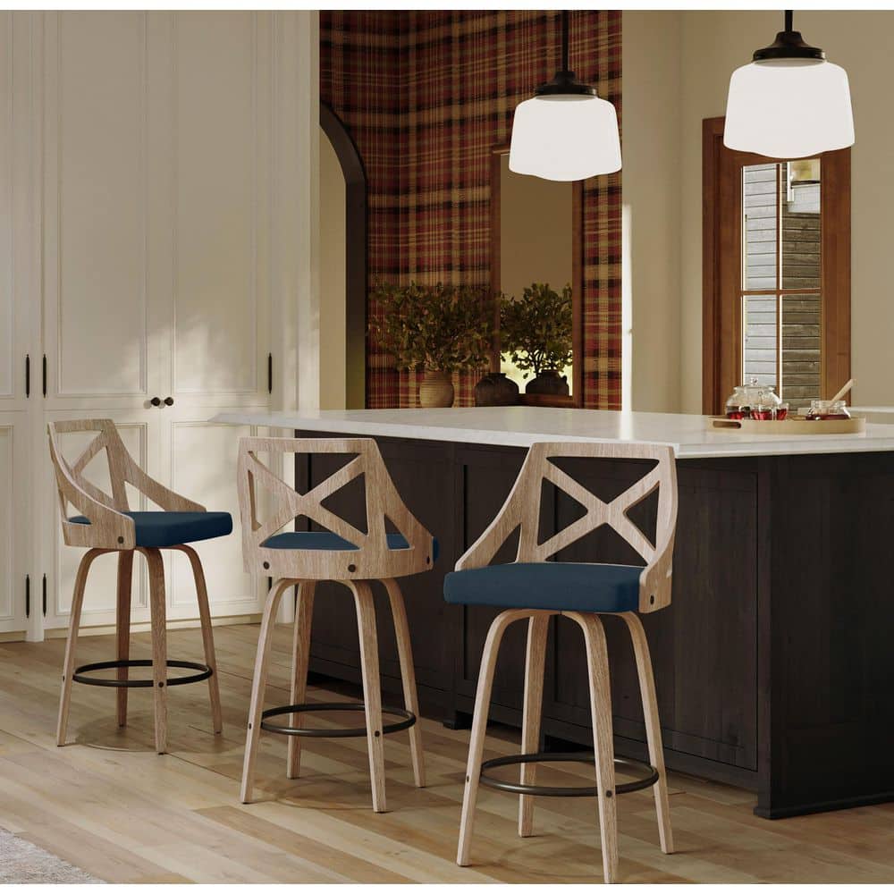 Charlotte 37 in. Blue Fabric, White Washed Wood and Black Metal Fixed-Height Counter Stool Round Footrest (Set of 2)