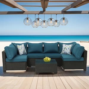 Black Frame 7-Piece Wicker Outdoor Sofa Sectional Set with Peacock Blue Cushions