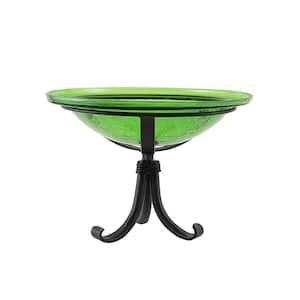 12.5 in. Dia Fern Green Reflective Crackle Glass Birdbath Bowl with Tripod Stand