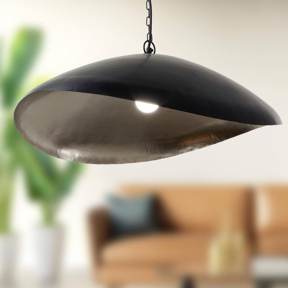 Jane Industrial Matte Black and Silver Dome Pendant Light
