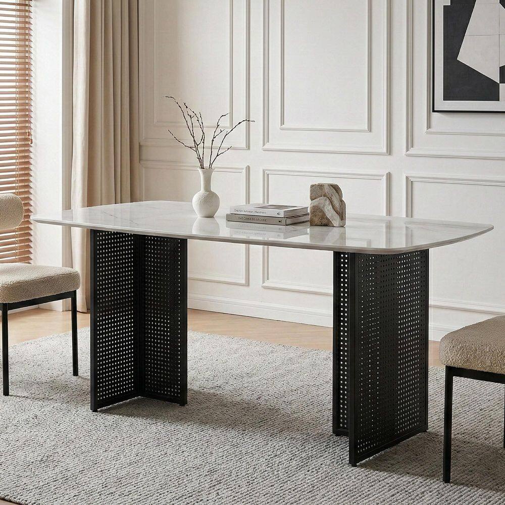 51.2 in. Rectangle White Marble Pattern Tempered Glass with Black Metal Double Pedestal Dining Table Seats 6 price history on PriceWatchPro