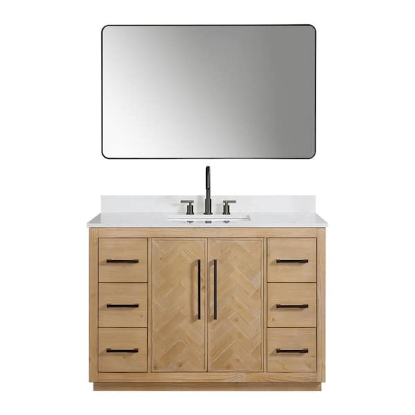 Altair Bellavia 48 in. W x 22 in. D x 34 in. H Single Sink Bath Vanity in Weathered Fir with Grain White Stone Top and Mirror